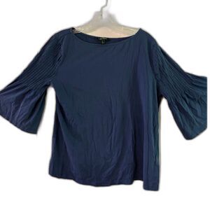 Lauren Ralph Lauren Top M Blue Boatnck Pleated 3/4 Bell Sleeve Bohochic Classic*